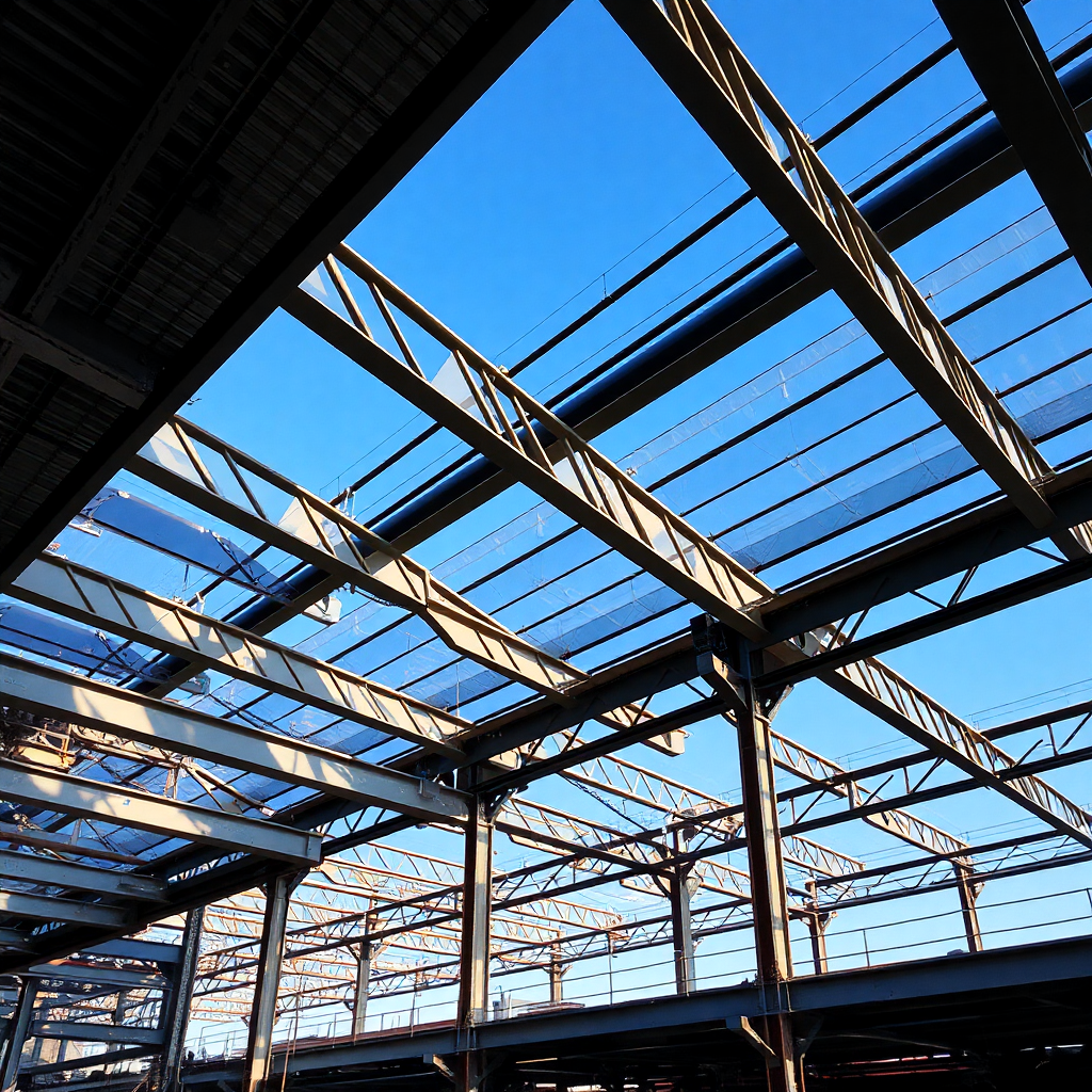 modern steel building construction site with cranes and workers, industrial architecture, professional photography