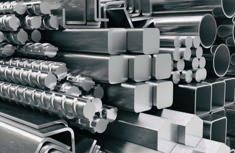 industrial construction site with steel beams and workers, dark moody lighting, heavy machinery